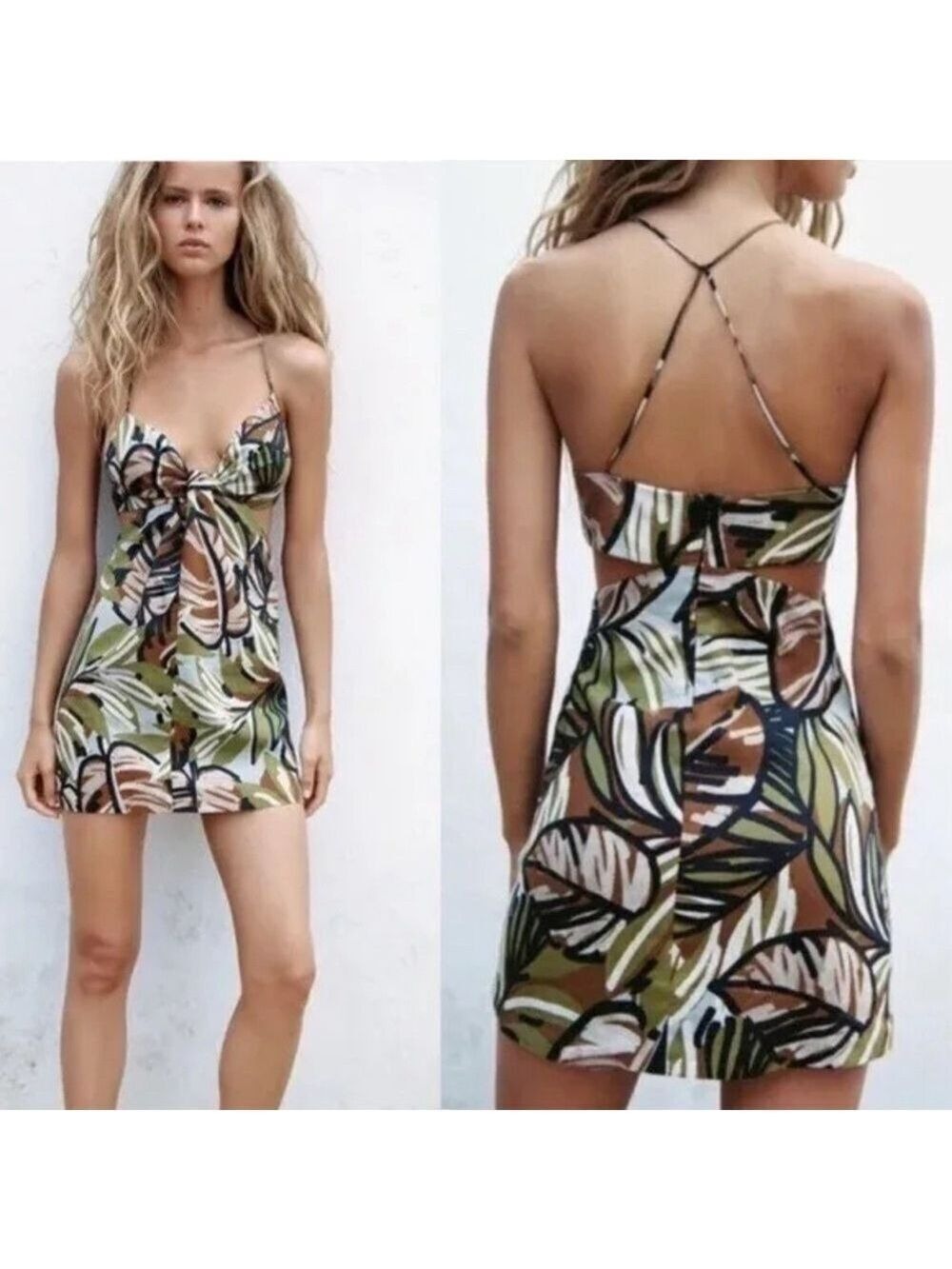 Zara Green brown tropical leaf print cut out spaghetti strap short mini dress S